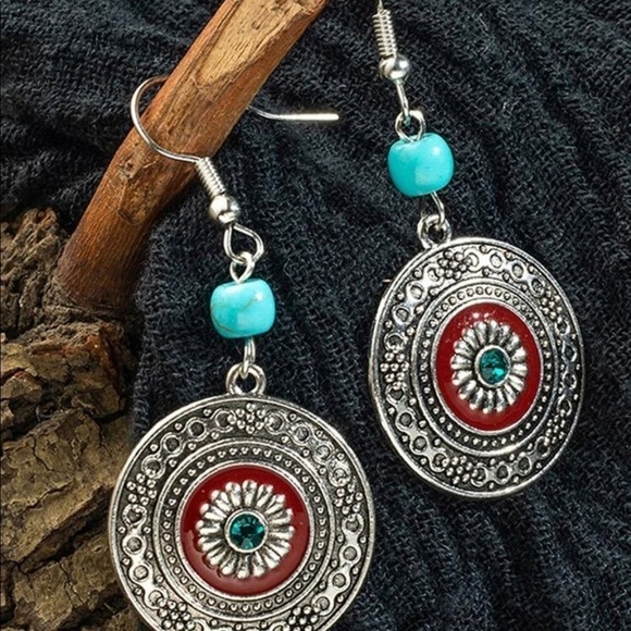 Boho Silver Round Turquoise Bead Drop  Earrings - Picture 4 of 14